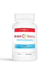 Brain Bean Brain Basics Ultra Pure Astaxanthin bottle with clear label supporting cognitive function.