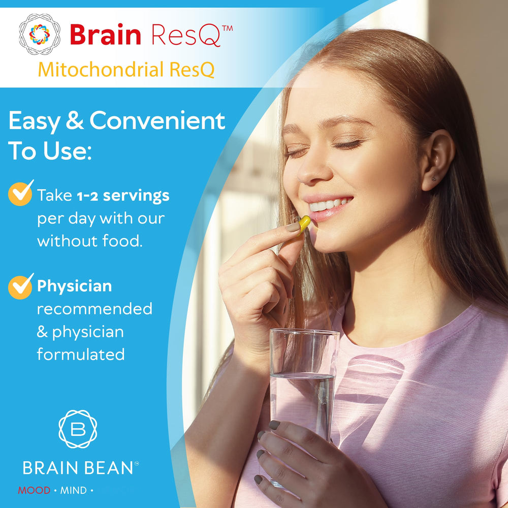 Brain Bean ResQ bottle front with clean label emphasizing quality nutrients.