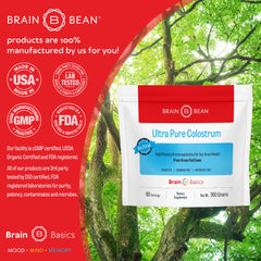 Brain Bean Colostrum being stirred into smoothie, showcasing quick mixability.