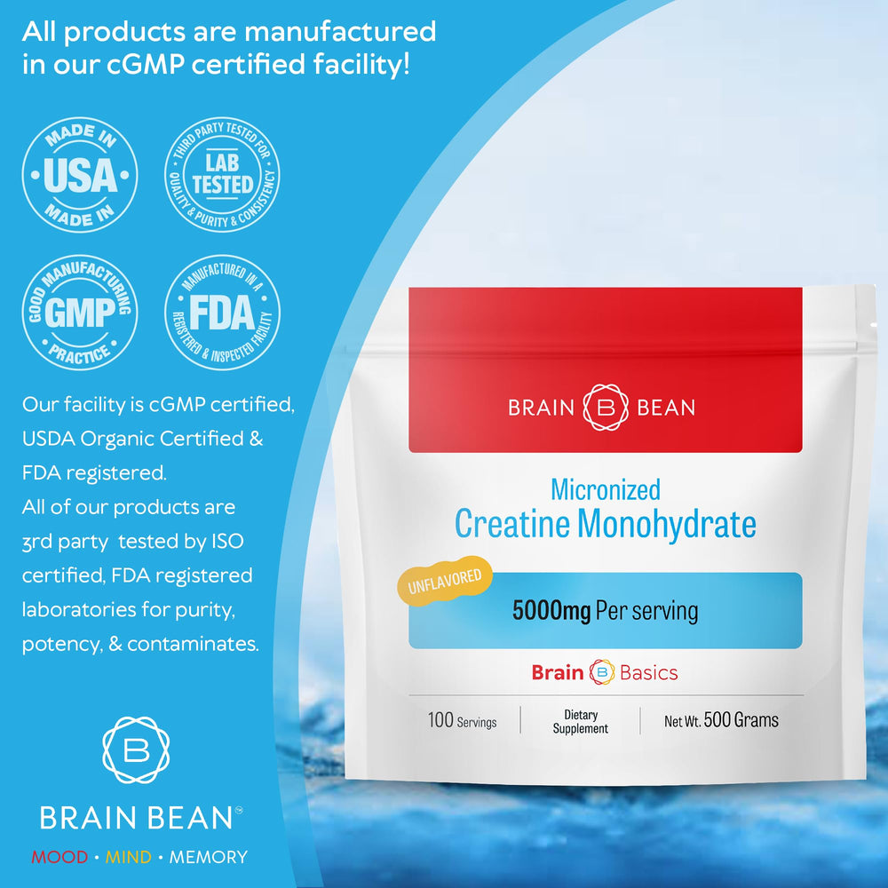 Brain Bean creatine scoop pour highlights convenient, flavorless daily serving
