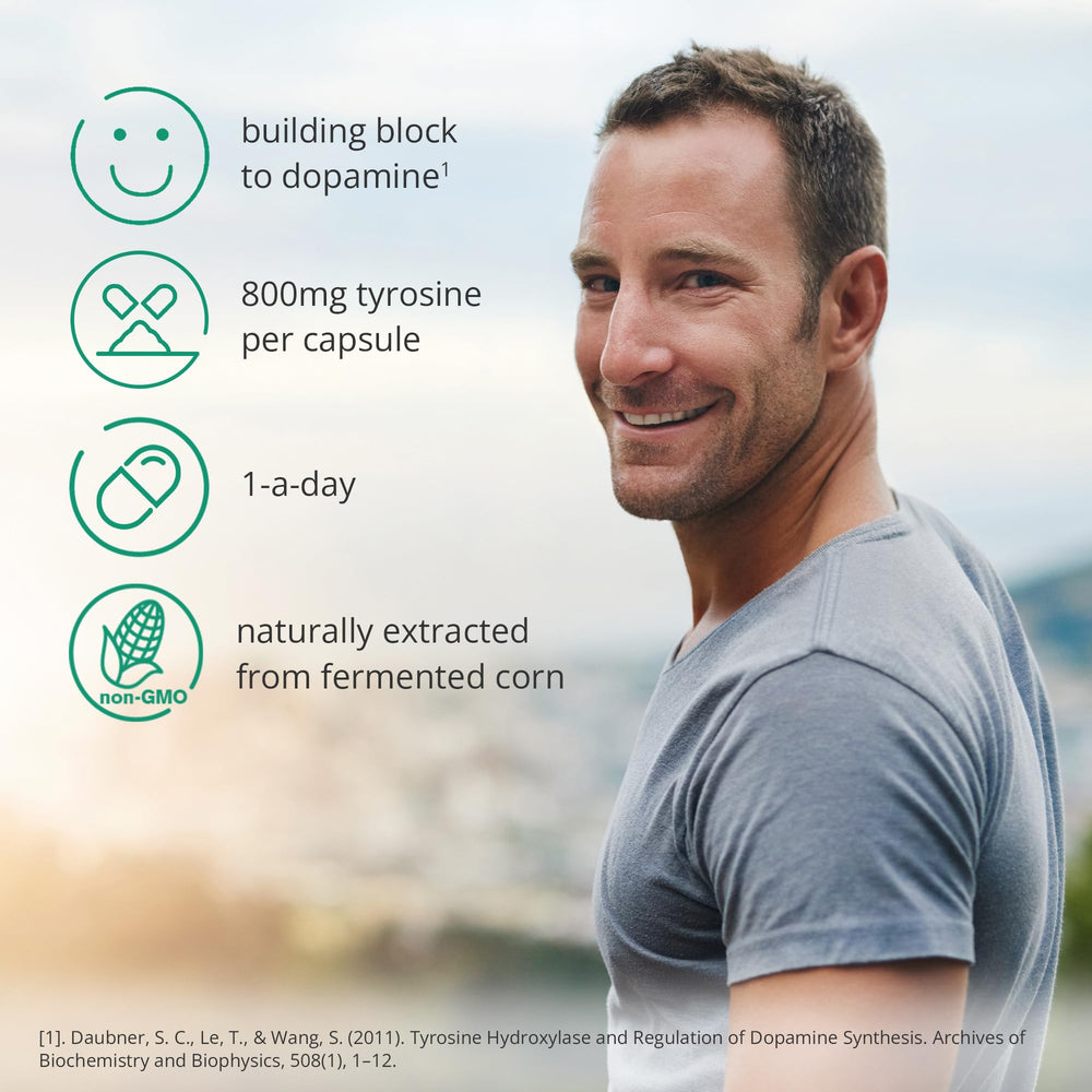 Brain Feed 800mg tyrosine capsules highlighted for potent mood and alertness support.