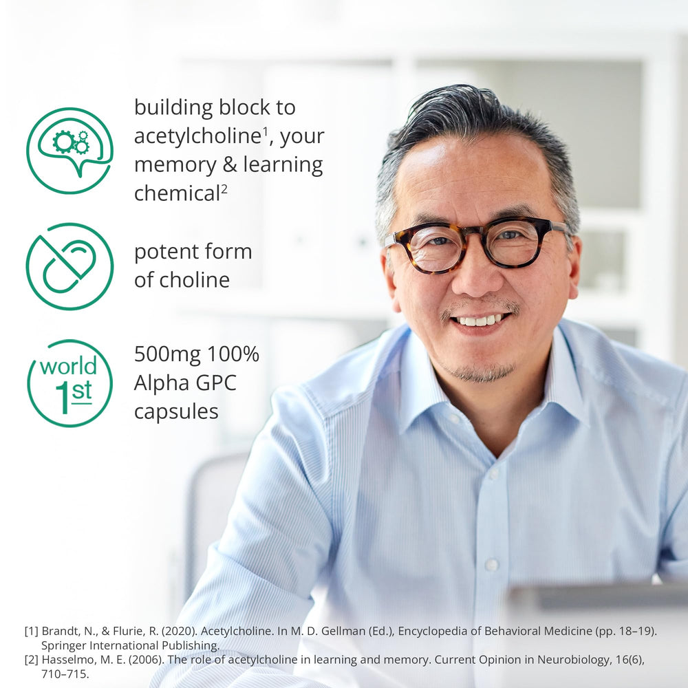 Brain Feed Alpha GPC 99% purity capsule close-up for memory support.