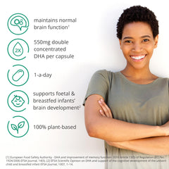 Brain Feed DHA capsule close-up showing 550mg DHA per capsule