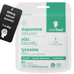 Brain Feed dopamine supplement bottle suggests daily focus and steady energy.