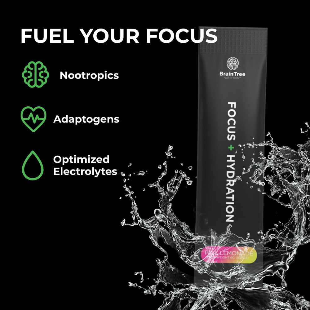 BrainTree Focus + Hydration pink lemonade in glass boosts flavor without sugar.