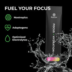 BrainTree Focus + Hydration pink lemonade in glass boosts flavor without sugar.
