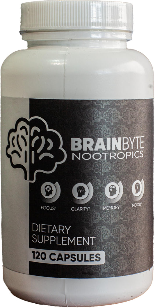 BrainByte Nootropics All-in-One bottle front view shows caffeine-free focus potential.