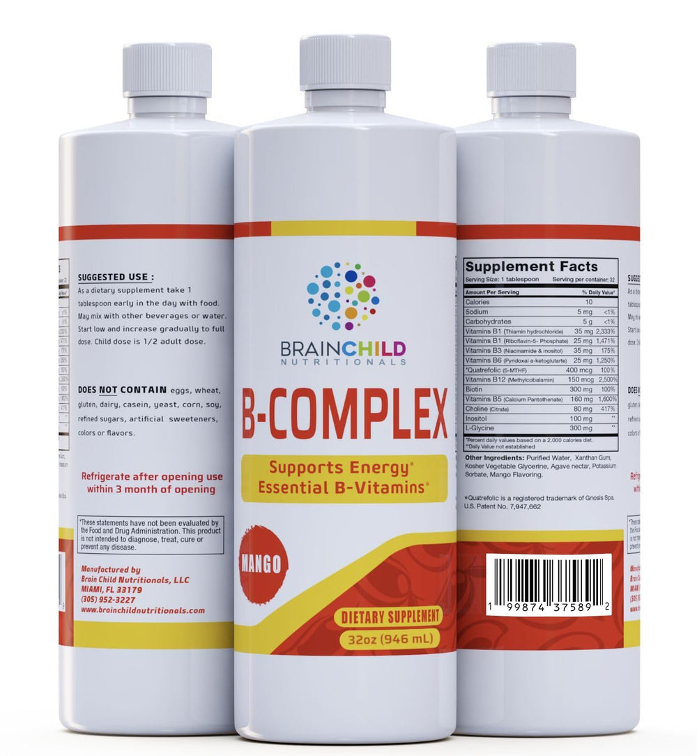 BrainChild B-Complex Liquid Mango bottle for quick energy on-the-go