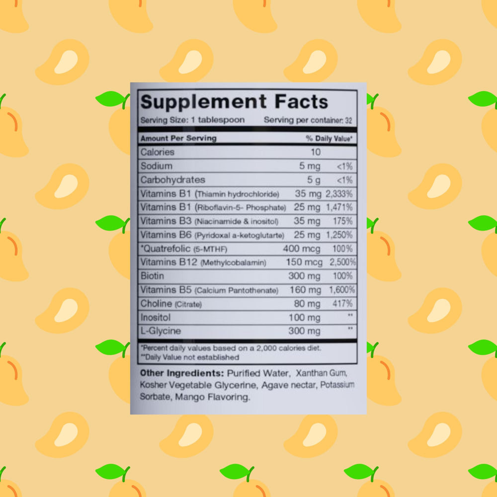 BrainChild Nutritionals B-Complex Liquid mango flavor being served for tropical taste.