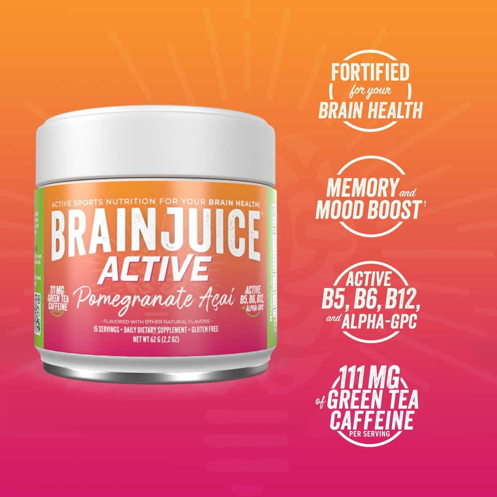 Pouring BrainJuice Active Pomegranate Acai into a glass for easy mixing