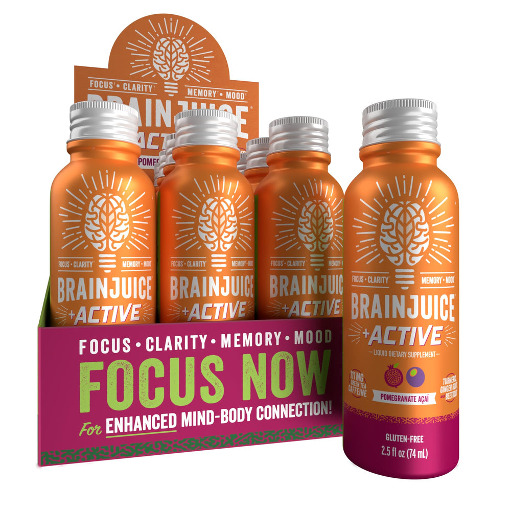 BrainJuice Active Shot Pomegranate Acai bottle ready for workouts