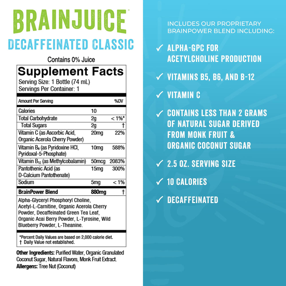 BrainJuice Decaf Brain Shot packaging on a recyclable aluminum bottle emphasizing quality.