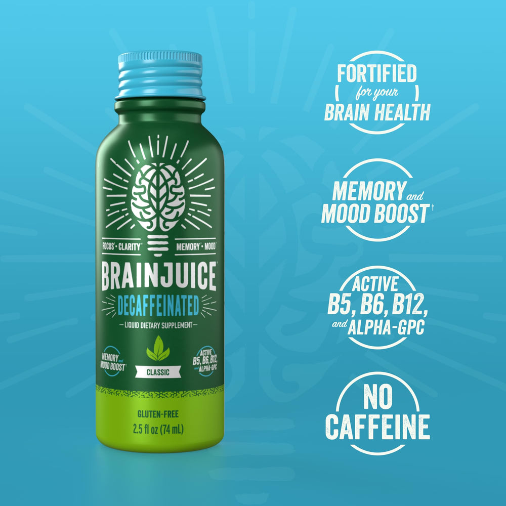 BrainJuice Decaf Brain Shot ingredients panel showing Alpha GPC and B vitamins.