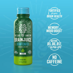 BrainJuice Decaf Brain Shot ingredients panel showing Alpha GPC and B vitamins.