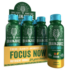 BrainJuice Decaf Brain Support Shot bottle for focused daytime use.