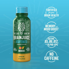 BrainJuice Decaf Peach Mango bottle shown for refreshing focus.