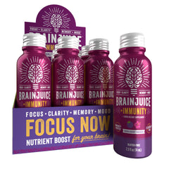 BrainJuice Immunity Shot bottle closeup highlighting on-the-go daily energy