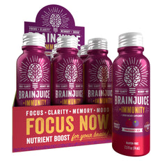 BrainJuice Immunity Shot bottle showing vitamin blend for daily focus.