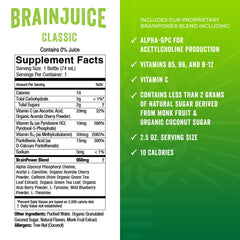 BrainJuice ingredients Alpha-GPC and B vitamins; clear mental support.