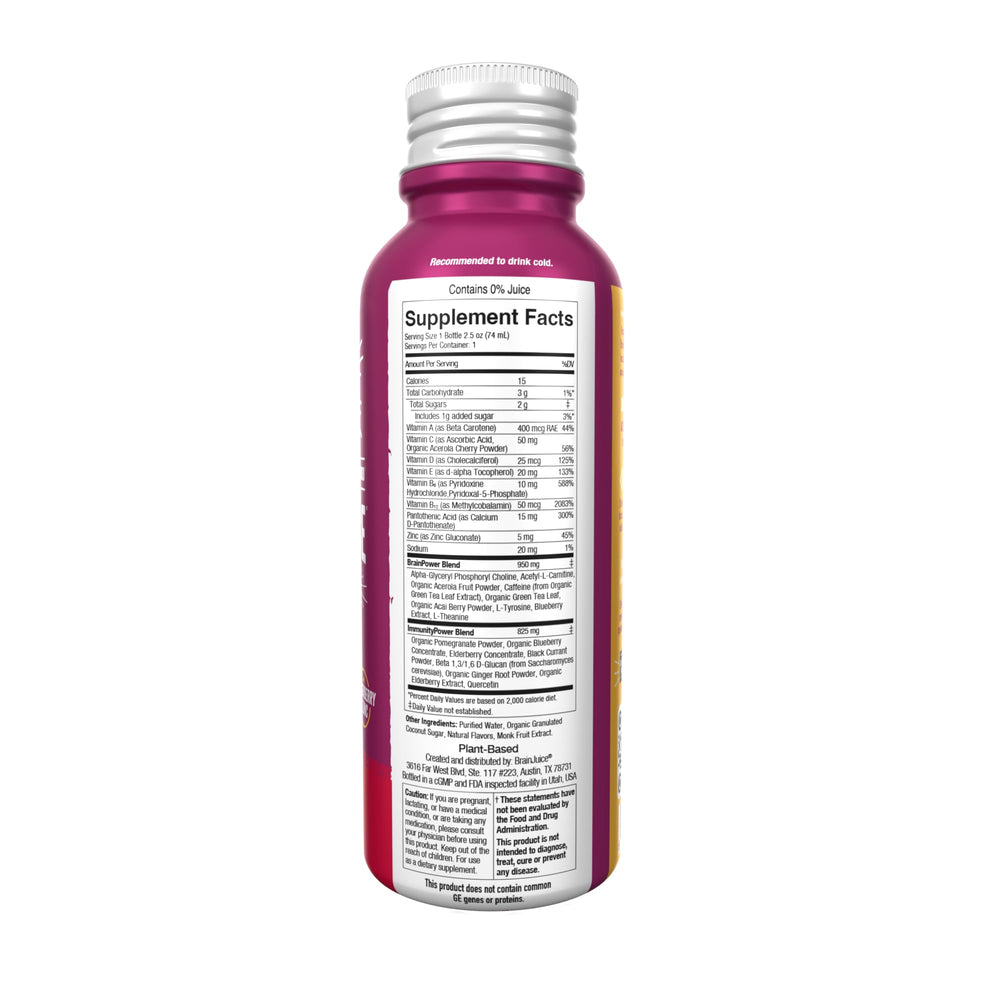 BrainJuice Organic ginger root and hibiscus hint at natural flavor.