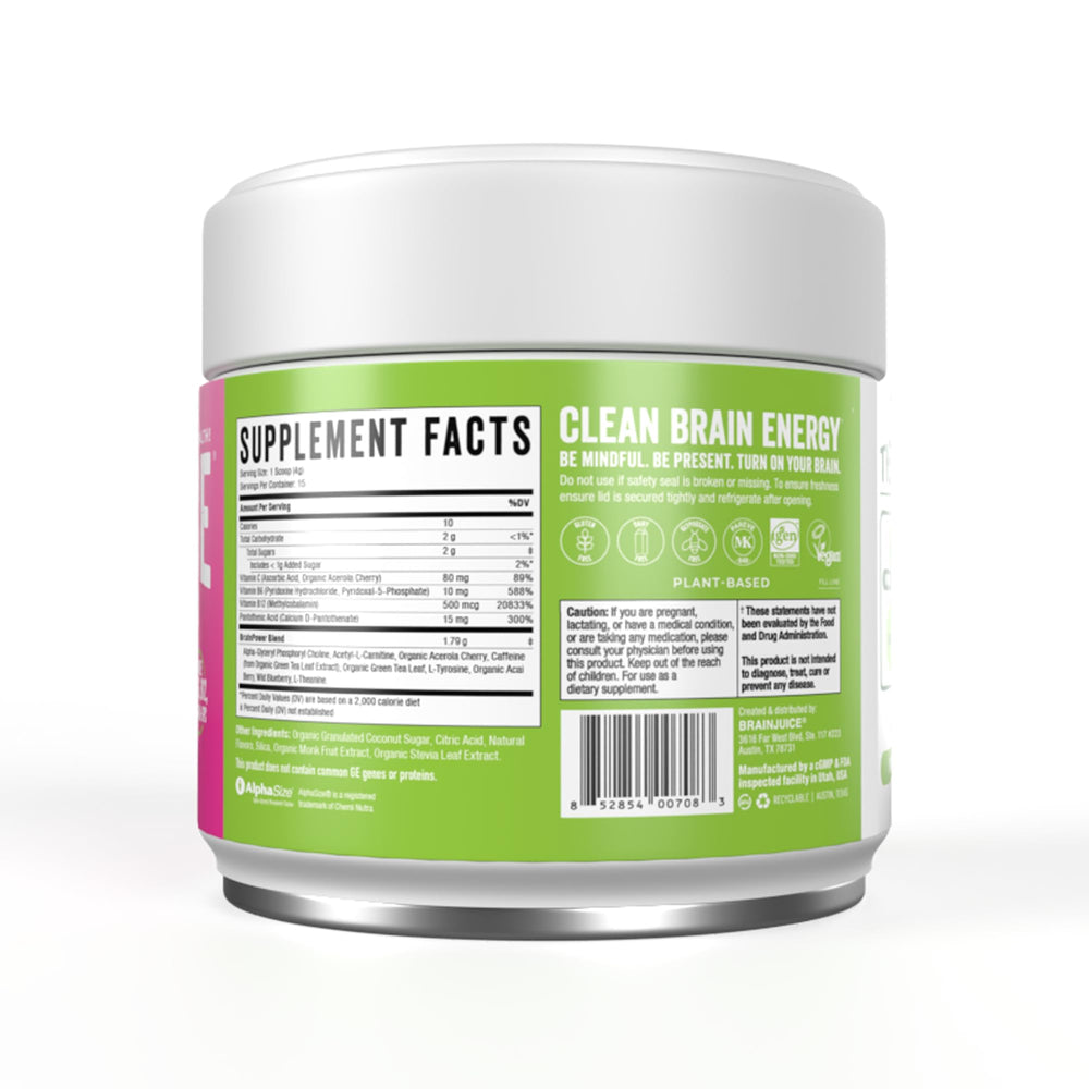 BrainJuice Watermelon powder package close-up highlighting premium ingredients