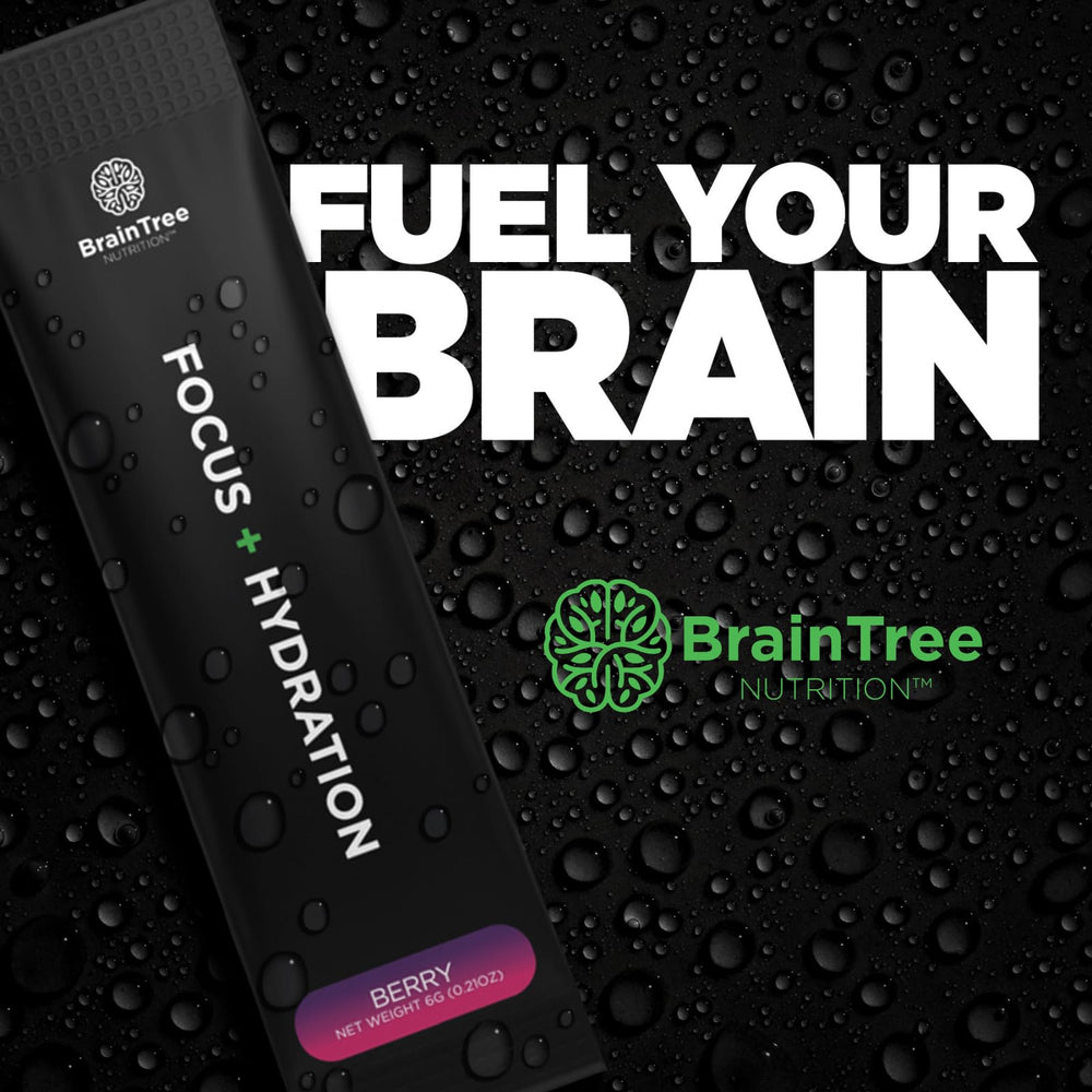 BrainTree Nutrition Focus Hydration glass with pink beverage suggests improved daily energy