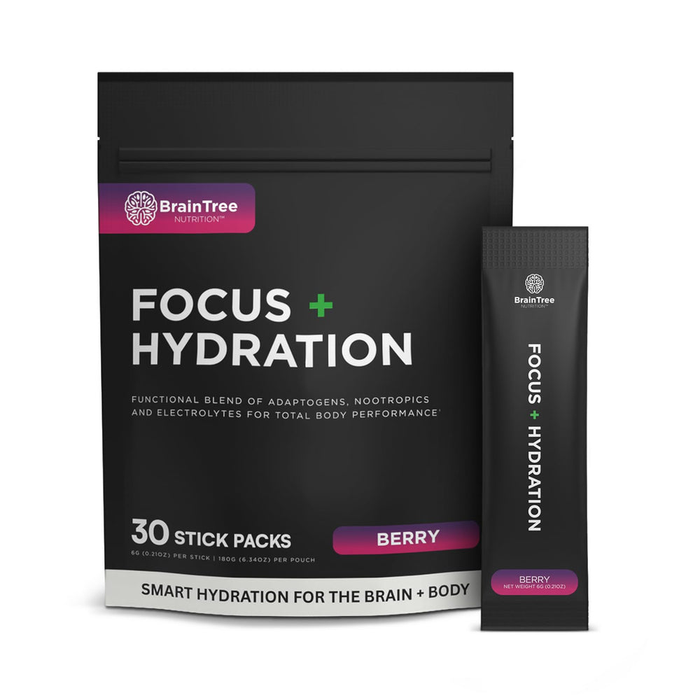 BrainTree Nutrition Focus Hydration Berry packaging highlights sugar-free hydration for daily focus