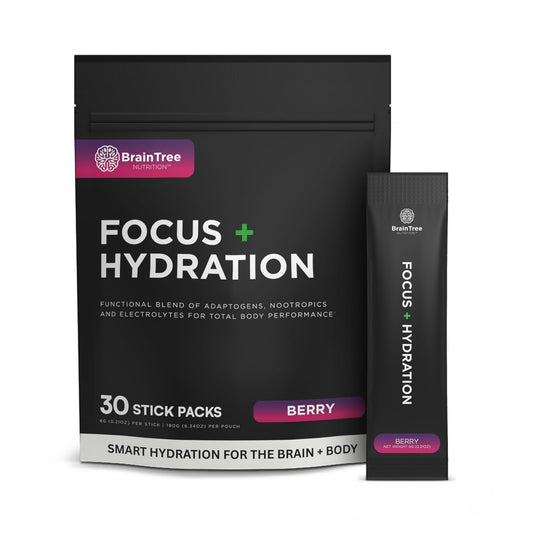 BrainTree Nutrition Focus Hydration Berry packaging highlights sugar-free hydration for daily focus