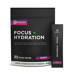 BrainTree Nutrition Focus Hydration Berry packaging highlights sugar-free hydration for daily focus