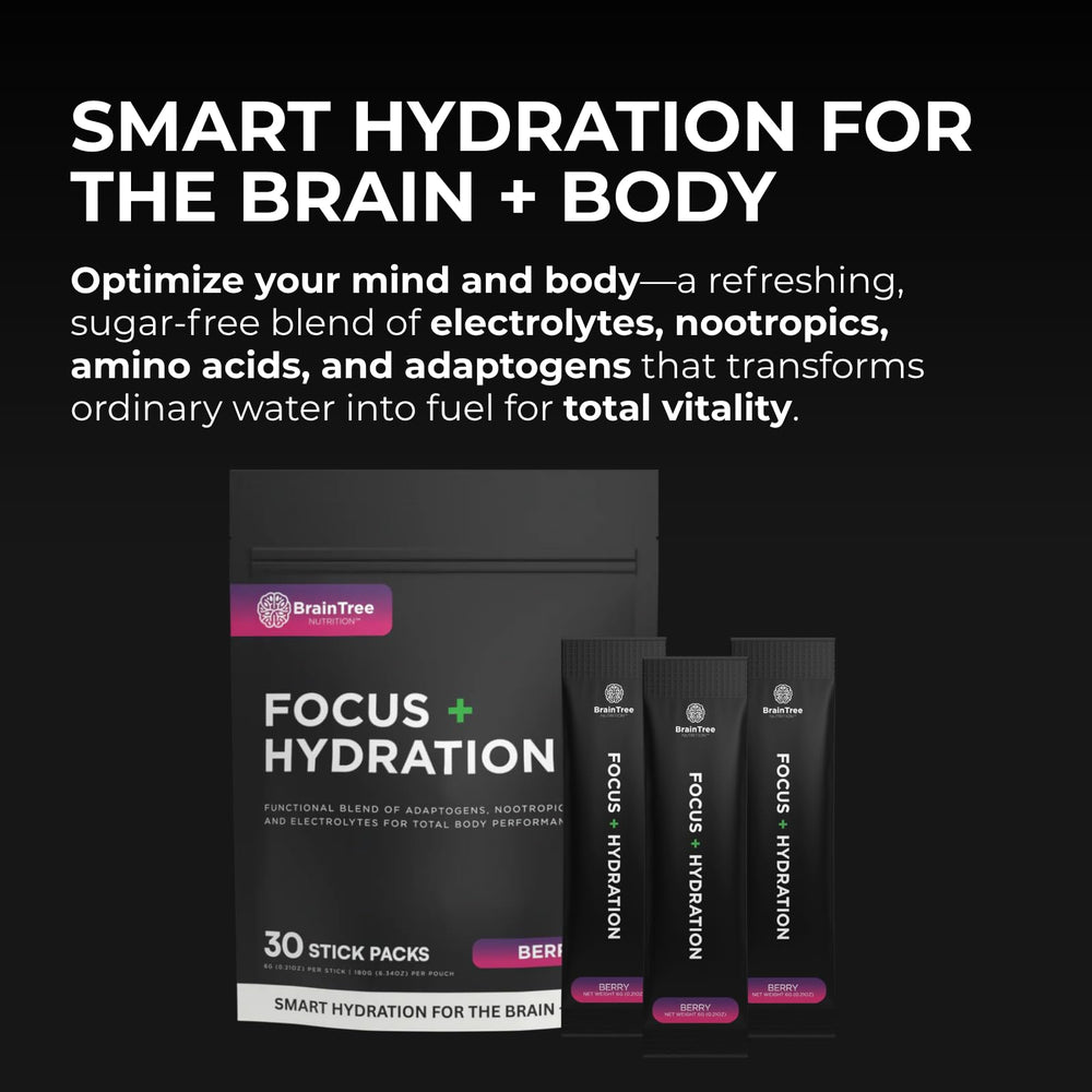 BrainTree Nutrition Focus Hydration Berry stick dissolving in water for quick refreshment