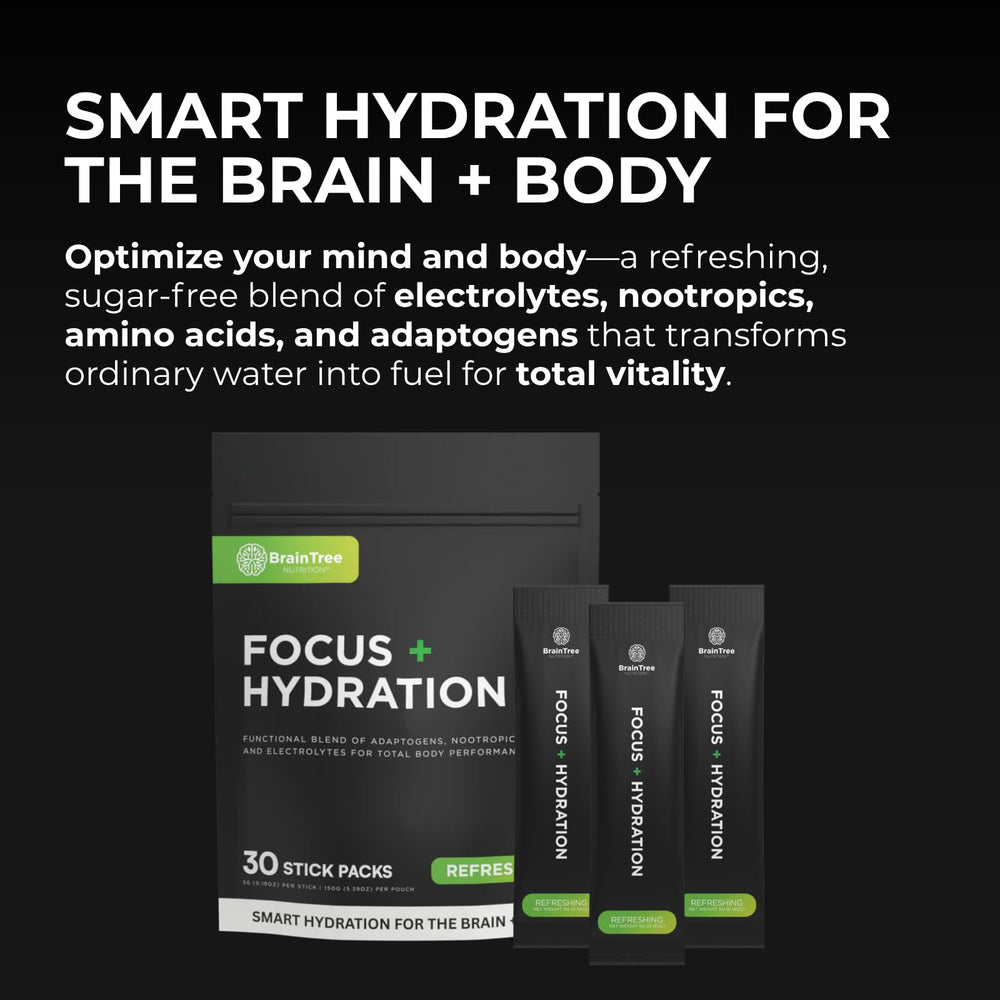 BrainTree Focus + Hydration being poured into a glass for enhanced focus and energy.