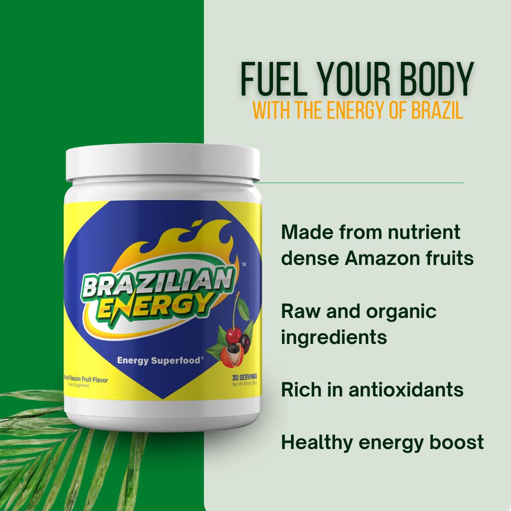 Brazilian Energy antioxidants infographic highlighting acai, guarana, and acerola.
