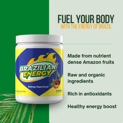 Brazilian Energy antioxidants infographic highlighting acai, guarana, and acerola.