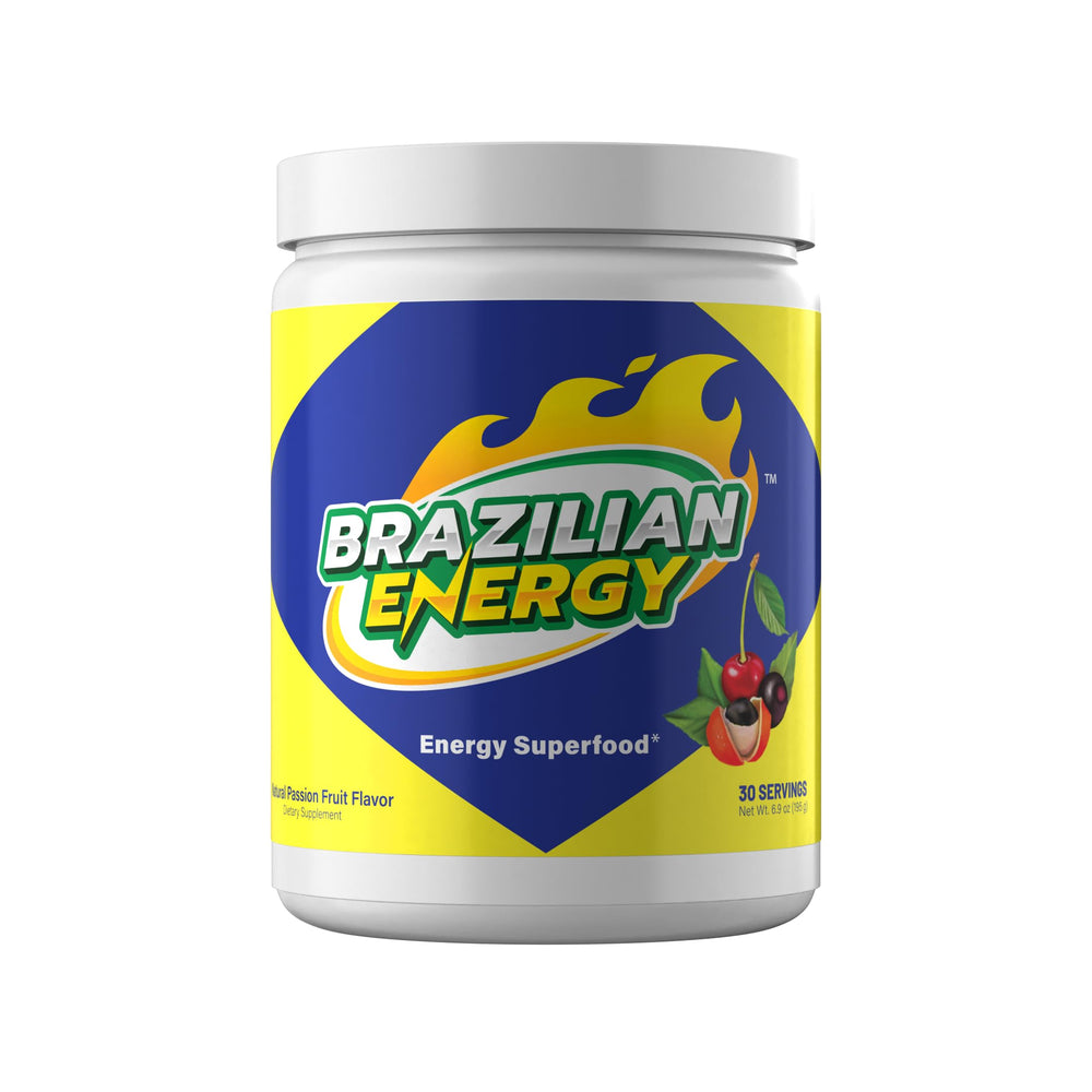 Brazilian Energy guarana energy powder bottle highlighting natural caffeine for sustained focus.