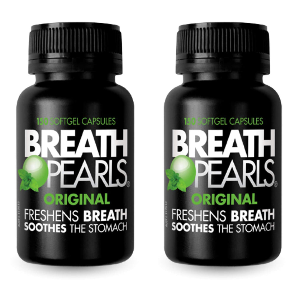 Breath Pearls Original bottle with peppermint and parsley formula for long-lasting fresh breath.