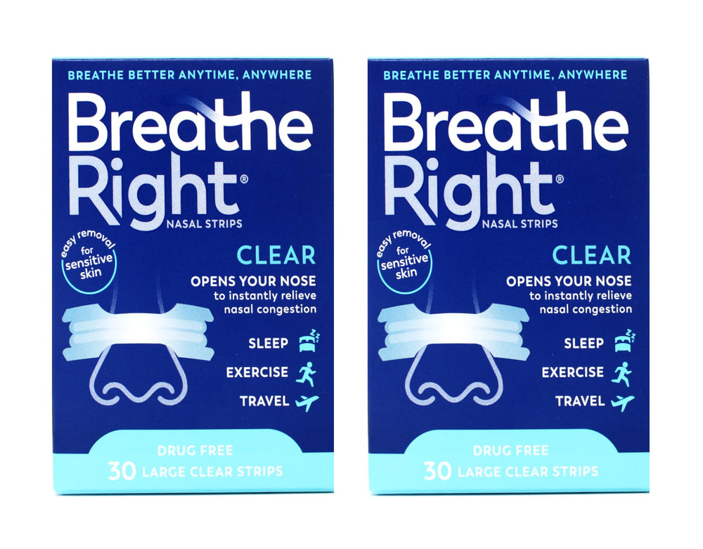 Breathe Right Clear Large nasal strips on nose for quick congestion relief.