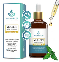 Breathium Mullein Drops bottle with label highlighting premium plant-based respiratory support