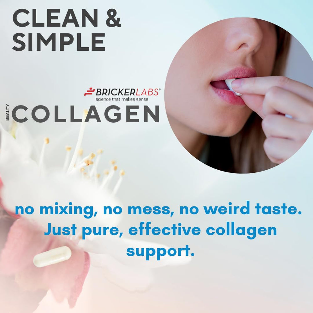 Close-up of skin-like texture with Bricker Labs collagen bottle nearby.