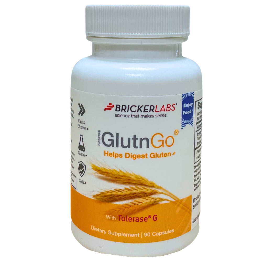 Bricker Labs GlutnGo bottle front view showing gluten digestion support