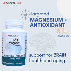 Close-up of Bricker Labs Magtein® & Lion's Mane capsules for memory and focus.