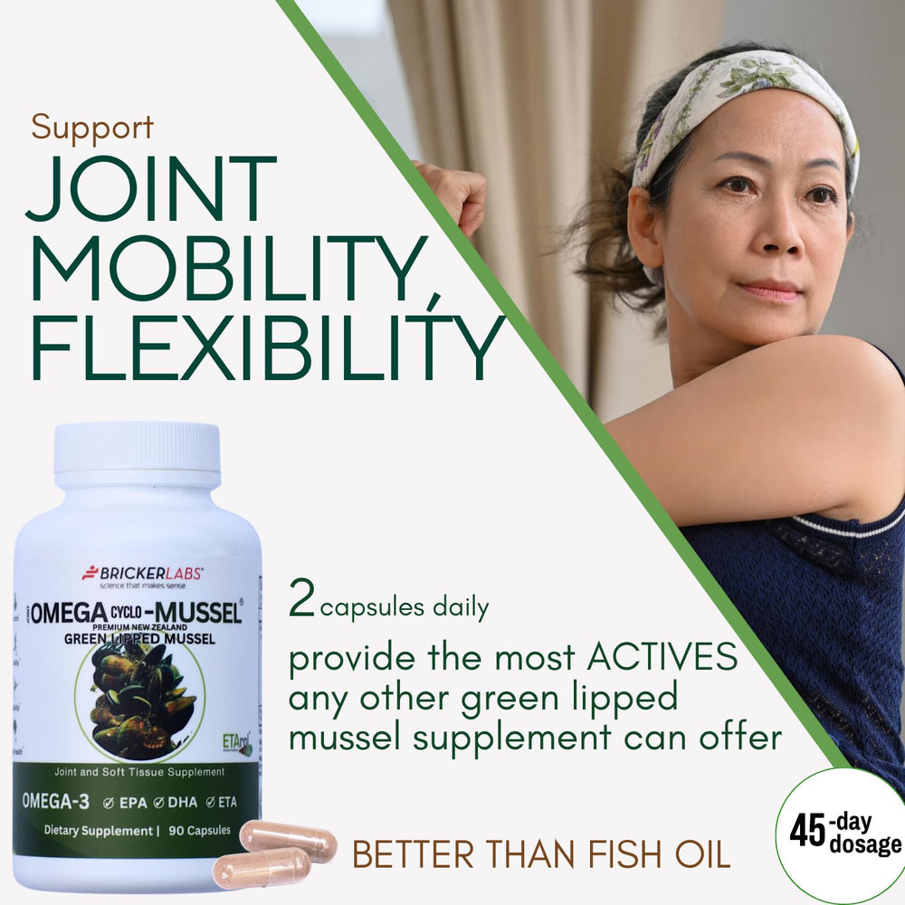 Bricker Labs Omega Cyclo pure mussel powder in capsules for joint care.
