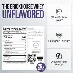 BRICKHOUSE NUTRITION whey isolate scoop beside a jar for post-workout fueling.