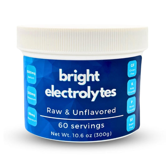 Bright Hydration Electrolyte Powder jar front highlighting mineral-rich hydration