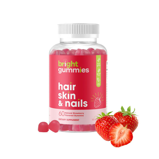 Bright Gummies hair growth biotin 5000mcg bottle supports healthy hair.