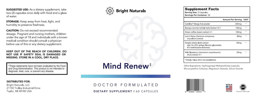 Bright Naturals Mind Renew capsule closeup against a calm background suggesting steady energy.
