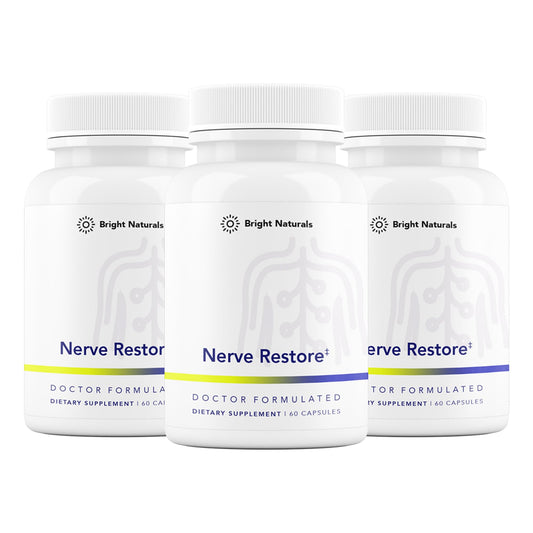 Bright Naturals Nerve Restore bottle promotes everyday nerve health support.