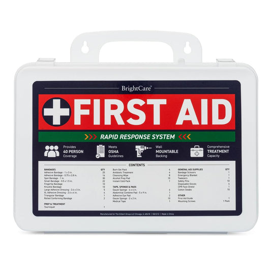 BrightCare wall-mount first aid kit with hardware for secure workspace safety.