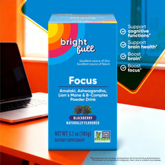 BRIGHTFULL Focus bottle showing ashwagandha and lion’s mane complex for daytime calm.