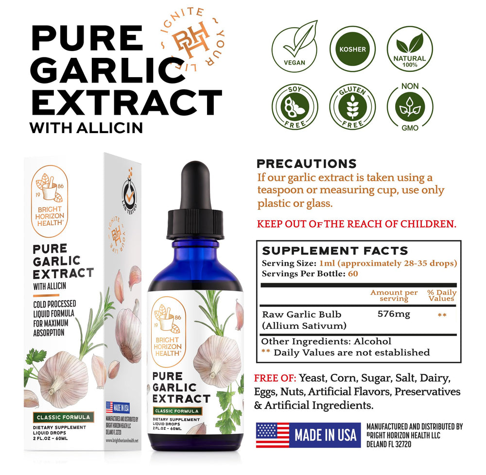 Bright Horizon Health Pure Garlic Extract highlights allicin content in bottle