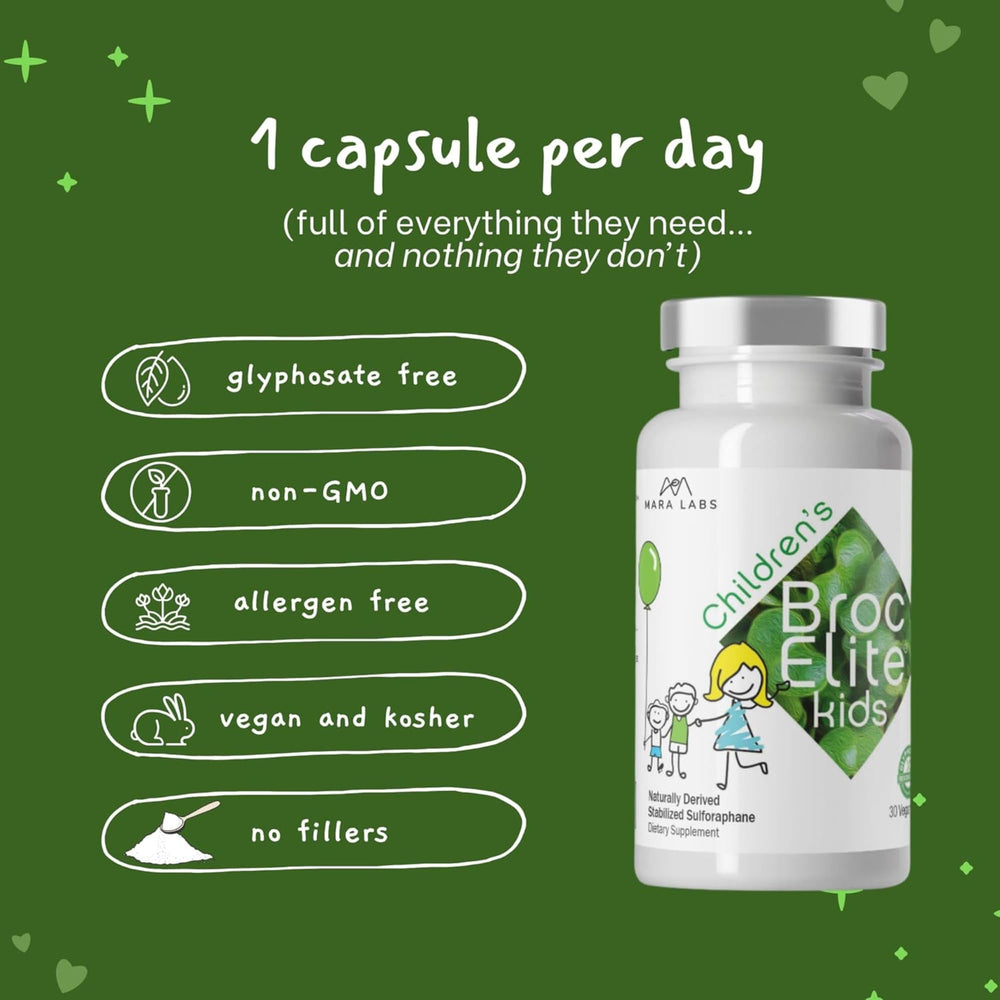 BrocElite Kids bottle on shelf with 30 vegan capsules.